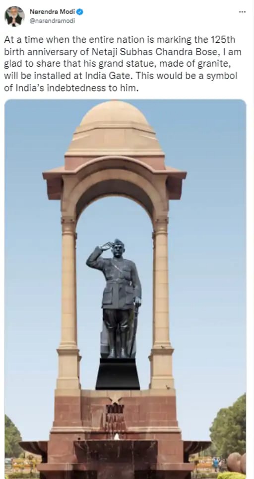 दिल्ली के ऐतिहासिक इंडिया गेट पर अमर जवान ज्योति की जगह नेताजी सुभाष चंद्र बोस की मूर्ति लगेगी